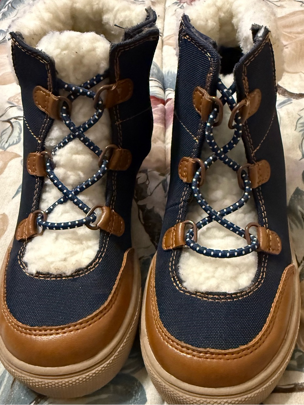 Old Navy Navy and Brown Kids Faux-Shearling Lace-Up Boots